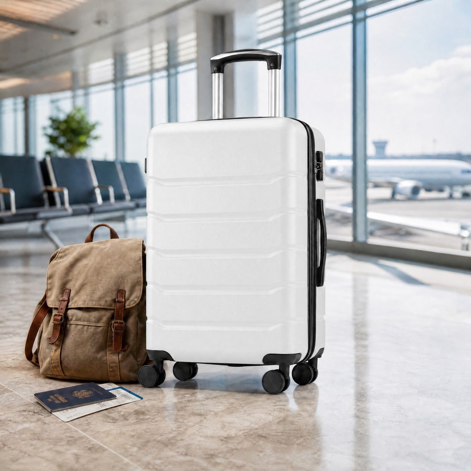 Kelno Medium Checked Luggage with Spinner Wheels ABS Hard Shell Suitcase Expandable Rolling Luggage with TSA Lock, White