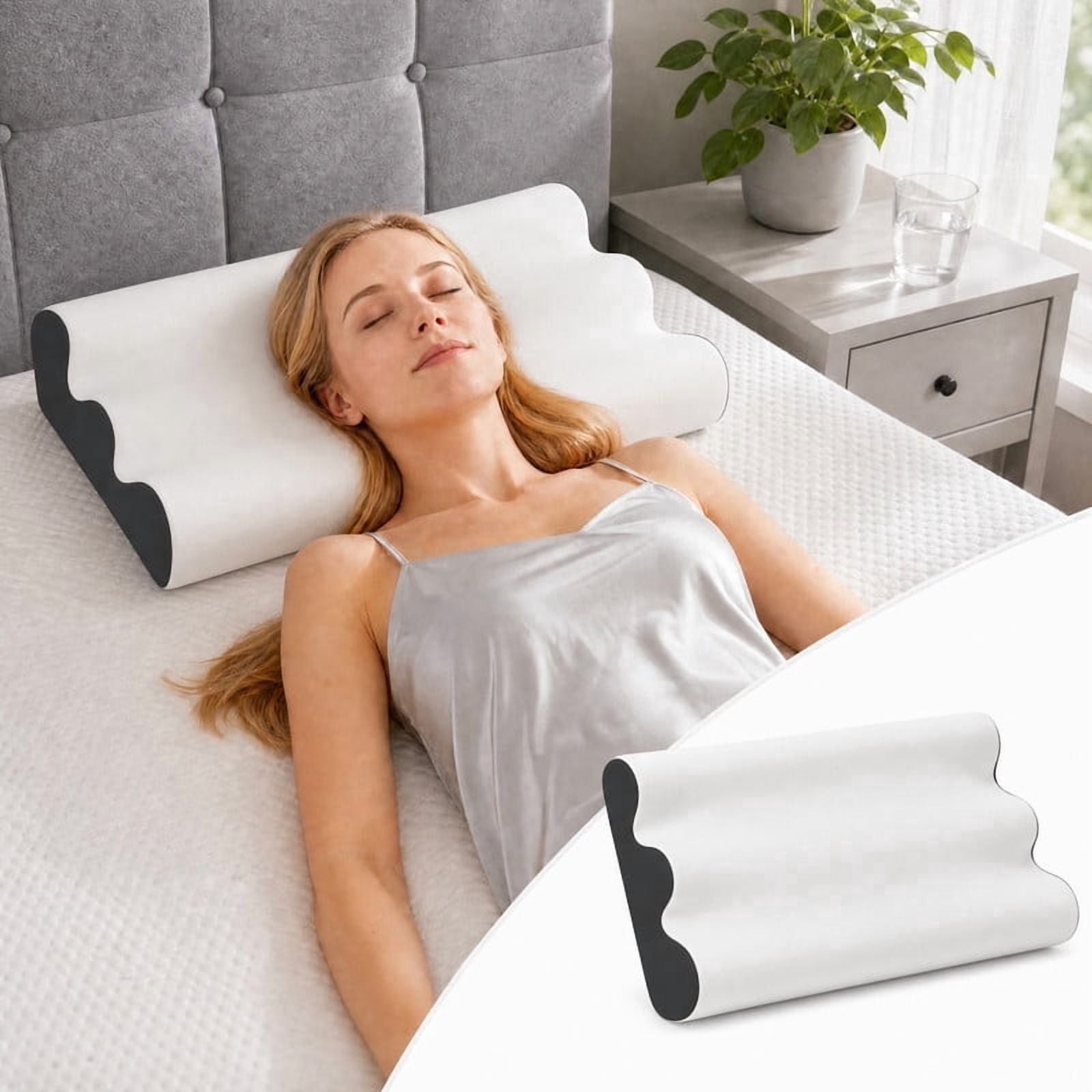Kelno Memory Foam Pillow Ergonomic Cervical Contour Support with Dual Height Breathable Cooling Washable Cover for Side, Gray
