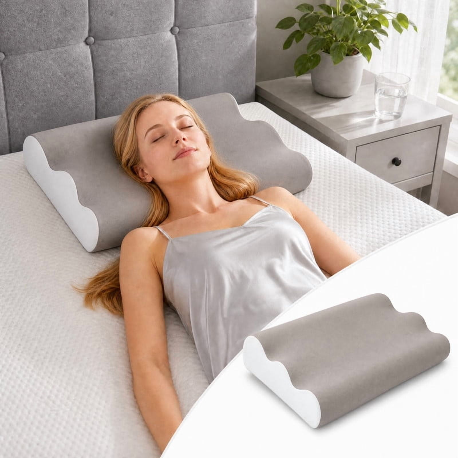 Kelno Memory Foam Pillow Ergonomic Cervical Contour Support with Dual Height Breathable Cooling Washable Cover for Side, Light Gray