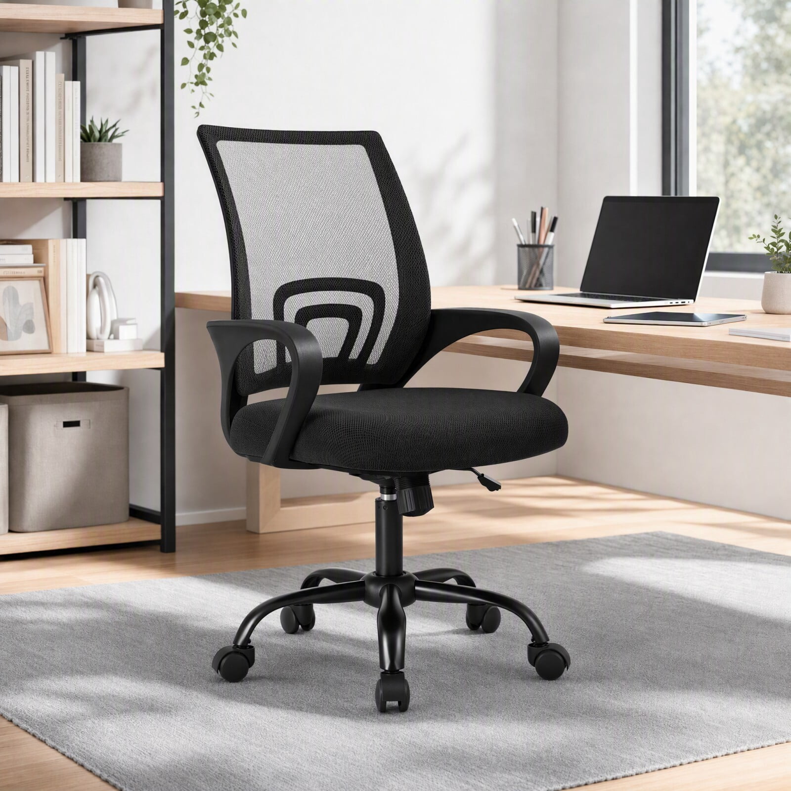 Kelno Mid-Back Mesh Office Chair 250lb Capacity Ergonomic Desk Chair with Lumbar Support Adjustable Height Rocking Task Chair, Black