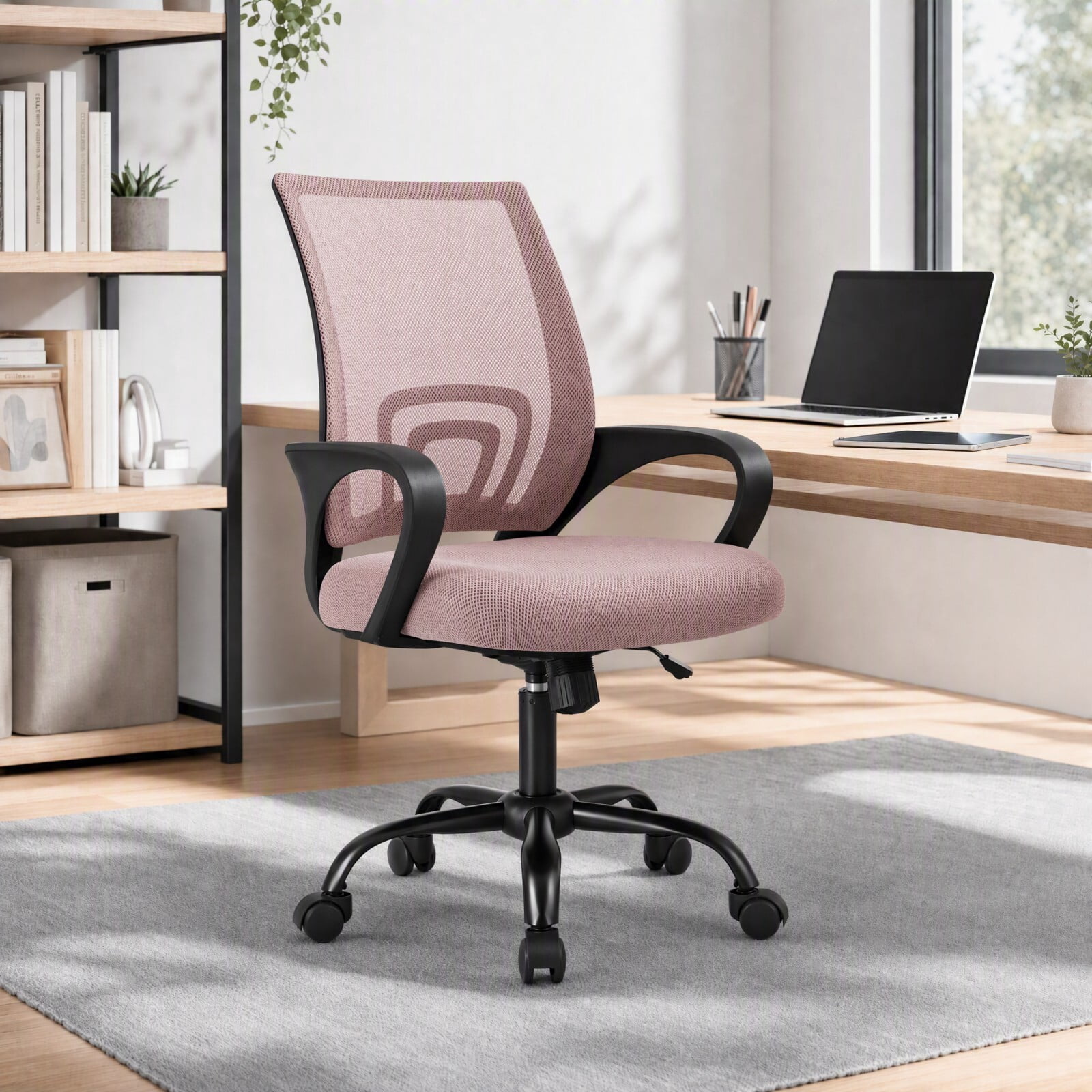 Kelno Mid-Back Mesh Office Chair 250lb Capacity Ergonomic Desk Chair with Lumbar Support Adjustable Height Rocking Task Chair, Pink
