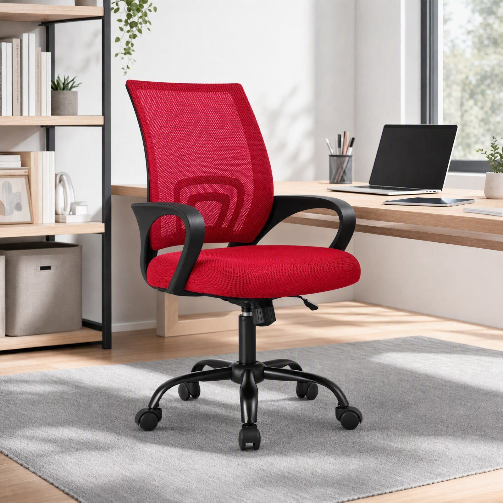 Kelno Mid-Back Mesh Office Chair 250lb Capacity Ergonomic Desk Chair with Lumbar Support Adjustable Height Rocking Task Chair, Red
