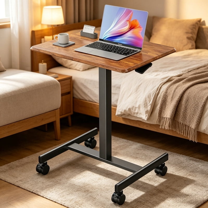 Kelno Mobile Standing Desk Adjustable Height Laptop Desk with Lockable Wheels, Rustic Brown