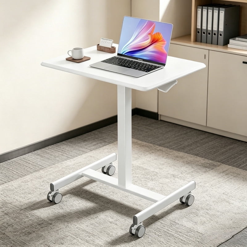 Kelno Mobile Standing Desk Adjustable Height Laptop Desk with Lockable Wheels, White