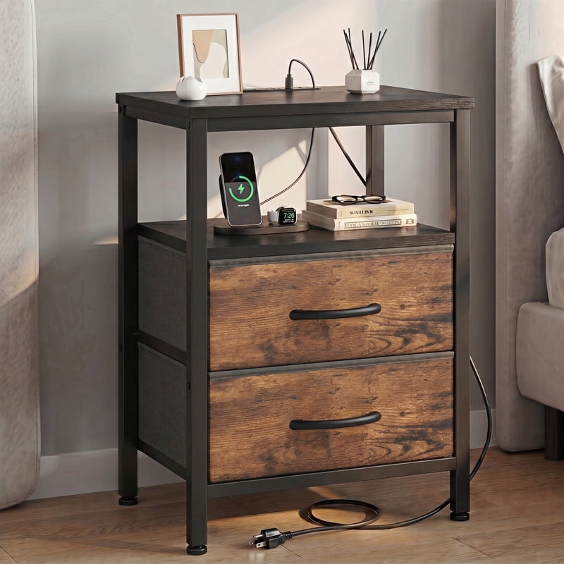 Kelno Nightstand with 2 Fabric Drawers Charging Station USB TypeC Outlets Small Bedside Table with Wood Top Open Storage Shelf, Black Brown