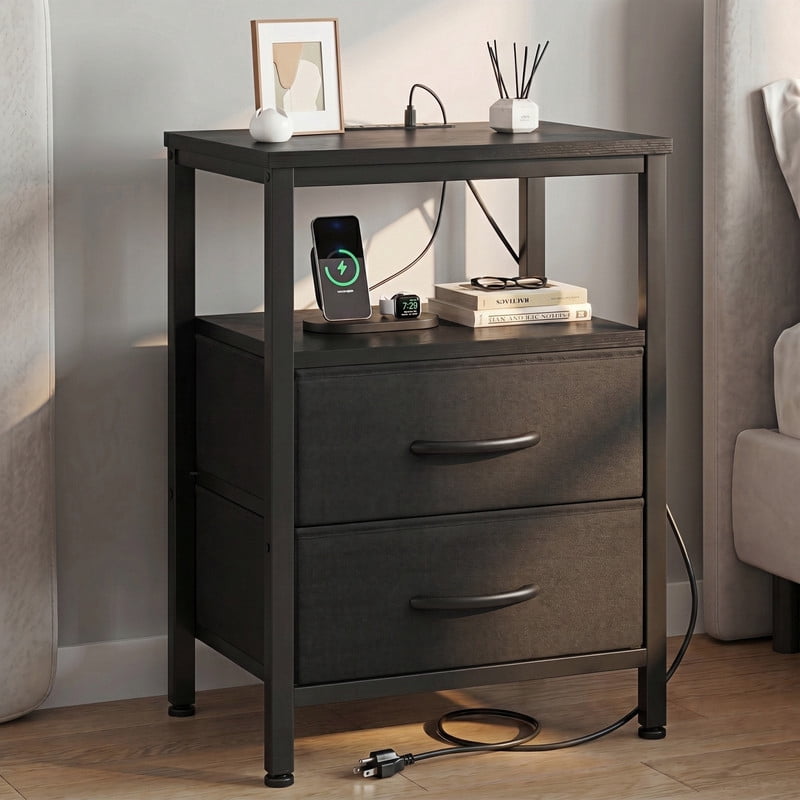 Kelno Nightstand with 2 Fabric Drawers Charging Station USB TypeC Outlets Small Bedside Table with Wood Top Open Storage Shelf, Black
