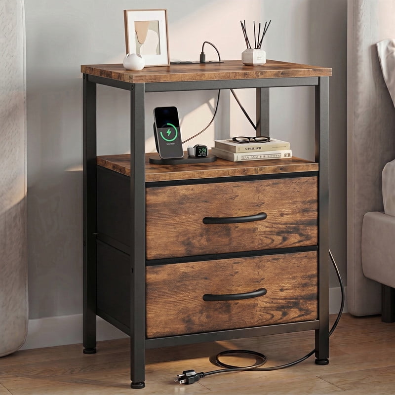 Kelno Nightstand with 2 Fabric Drawers Charging Station USB TypeC Outlets Small Bedside Table with Wood Top Open Storage Shelf, Rustic Brown