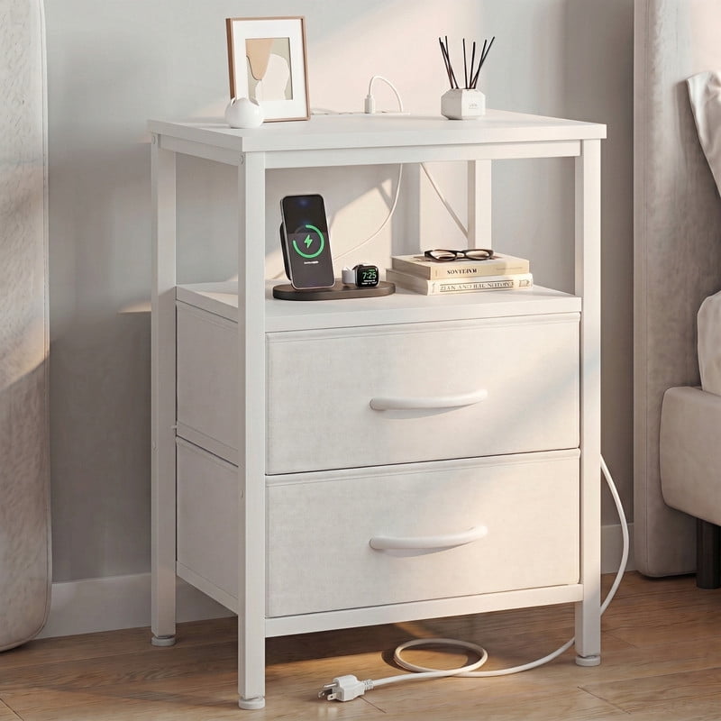 Kelno Nightstand with 2 Fabric Drawers Charging Station Small Bedside Table with Wood Top Open Storage Shelf, White
