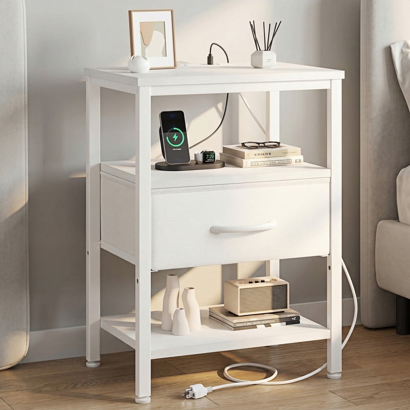 Kelno Nightstand with Fabric Drawer Charging Station USB TypeC Outlets Small Bedside Table with Wood Top Adjustable Shelf, White