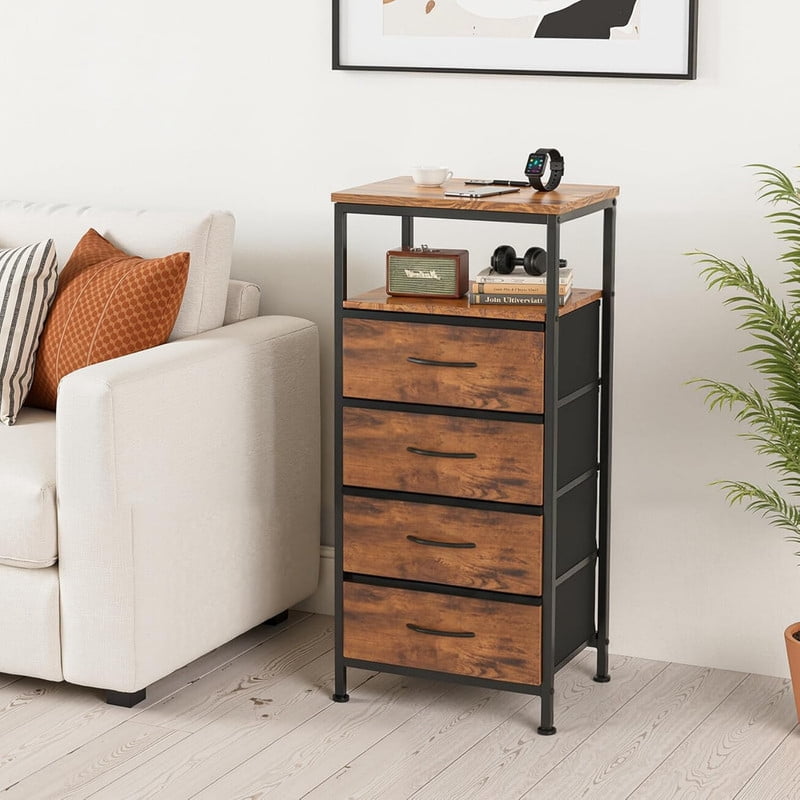 Kelno Nightstand with Charging Station Variable LED Strip End Table with 4 Fabric Drawers USB TypeC Outlets,Rustic Brown