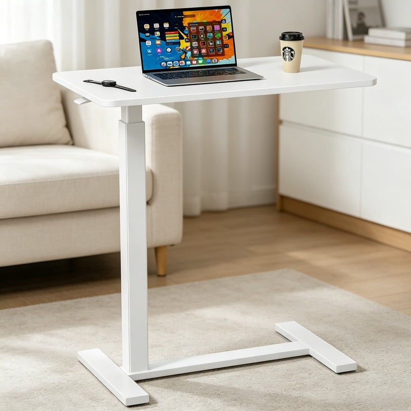 Kelno Overbed Bedside Table Adjustable Height Rolling Mobile Standing Laptop Desk, White