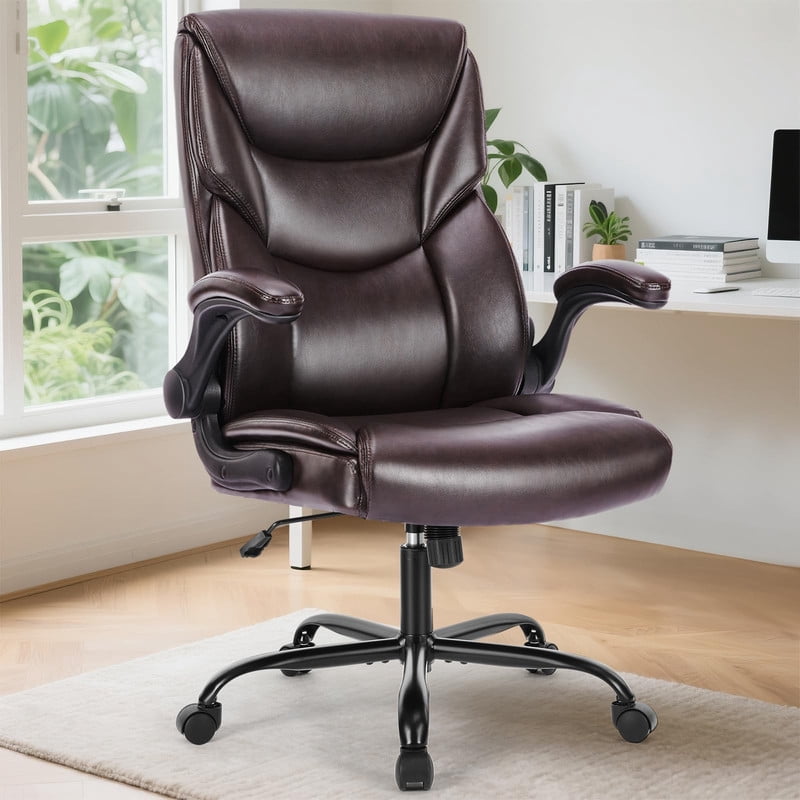 Kelno PU Leather Executive Office Chair with Flip Up Armrest Ergonomic Drafting Chair,Brown