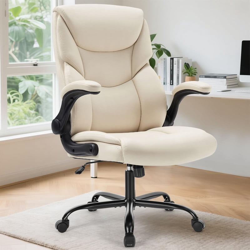 Kelno PU Leather Executive Office Chair with Flip Up Armrest Ergonomic Drafting Chair,White