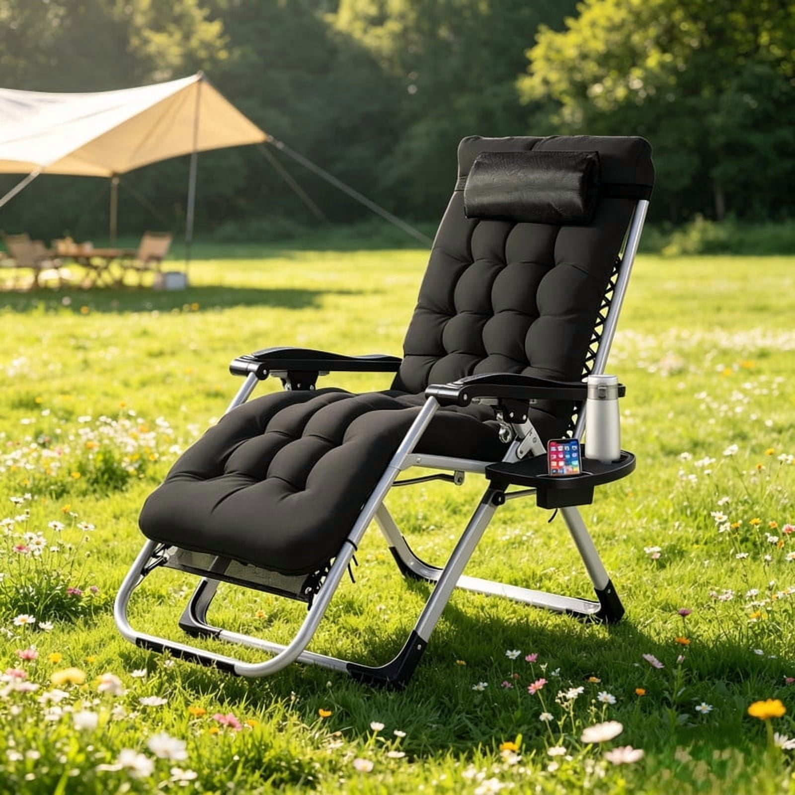 Kelno Padded Recliner Chair Zero Gravity Camping Chair Holder Trays Outdoor Portable Patio Lounge Chair with Removable Cushion Headrest Cup, Black