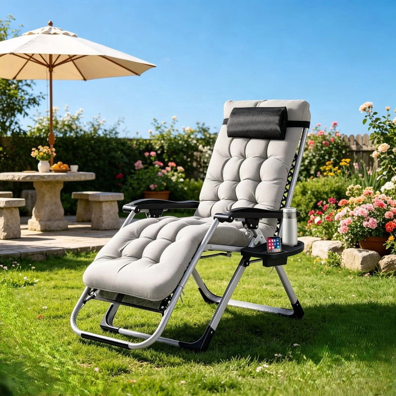 Kelno Padded Recliner Chair Zero Gravity Camping Chair Holder Trays Outdoor Portable Patio Lounge Chair with Removable Cushion Headrest Cup, Gray