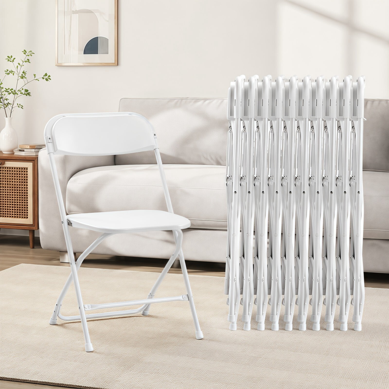 Kelno Plastic Folding Chair Set of 10 Portable Seating with Lightweight Metal Frame, White
