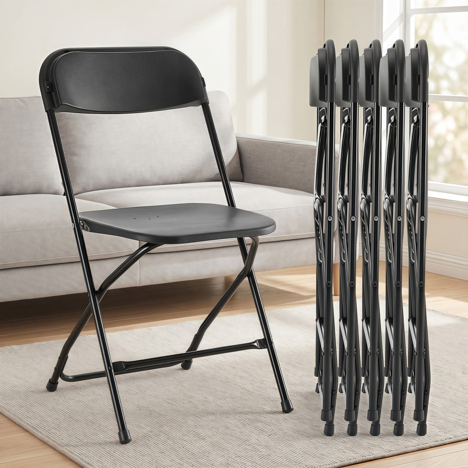 Kelno Plastic Folding Chair Set of 6 Portable Seating with Lightweight Metal Frame, Black