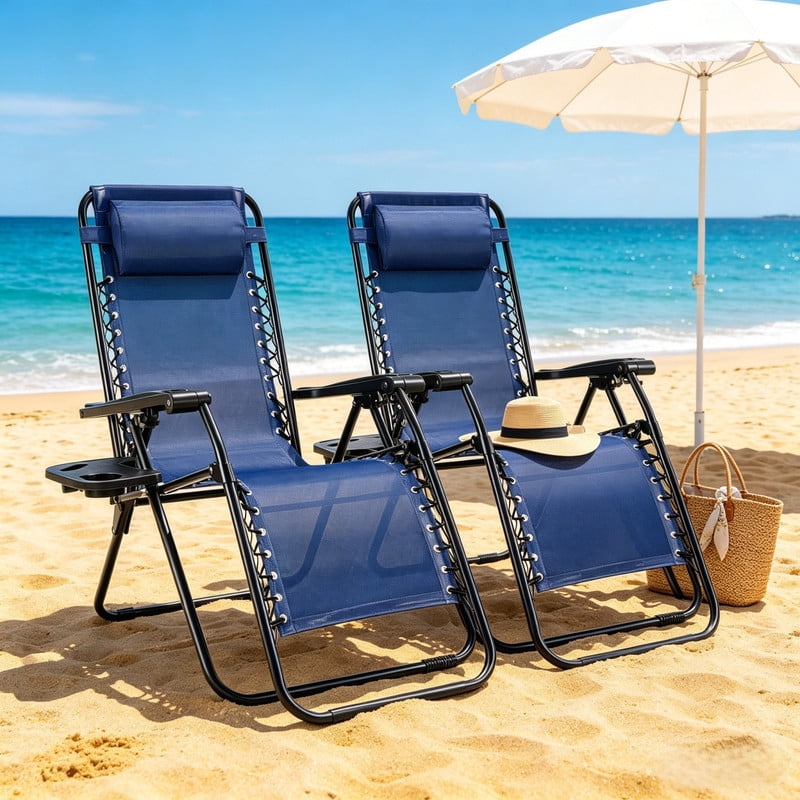 Kelno 2-Pack Zero Gravity Outdoor Lounge Chairs 330lbs Capacity Folding Textilene Recliner with Adjustable Pillow Cup Holder Tray, Blue