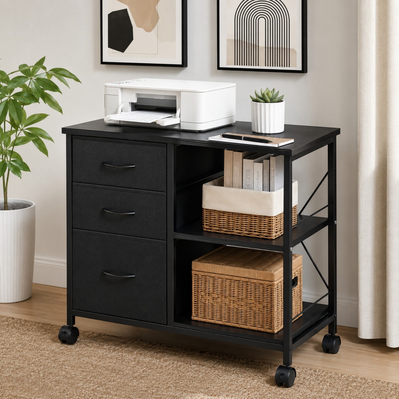 Kelno Rolling File Cabinet with Adjustable Shelf 3 Fabric Drawers Lockable Wheels, Black