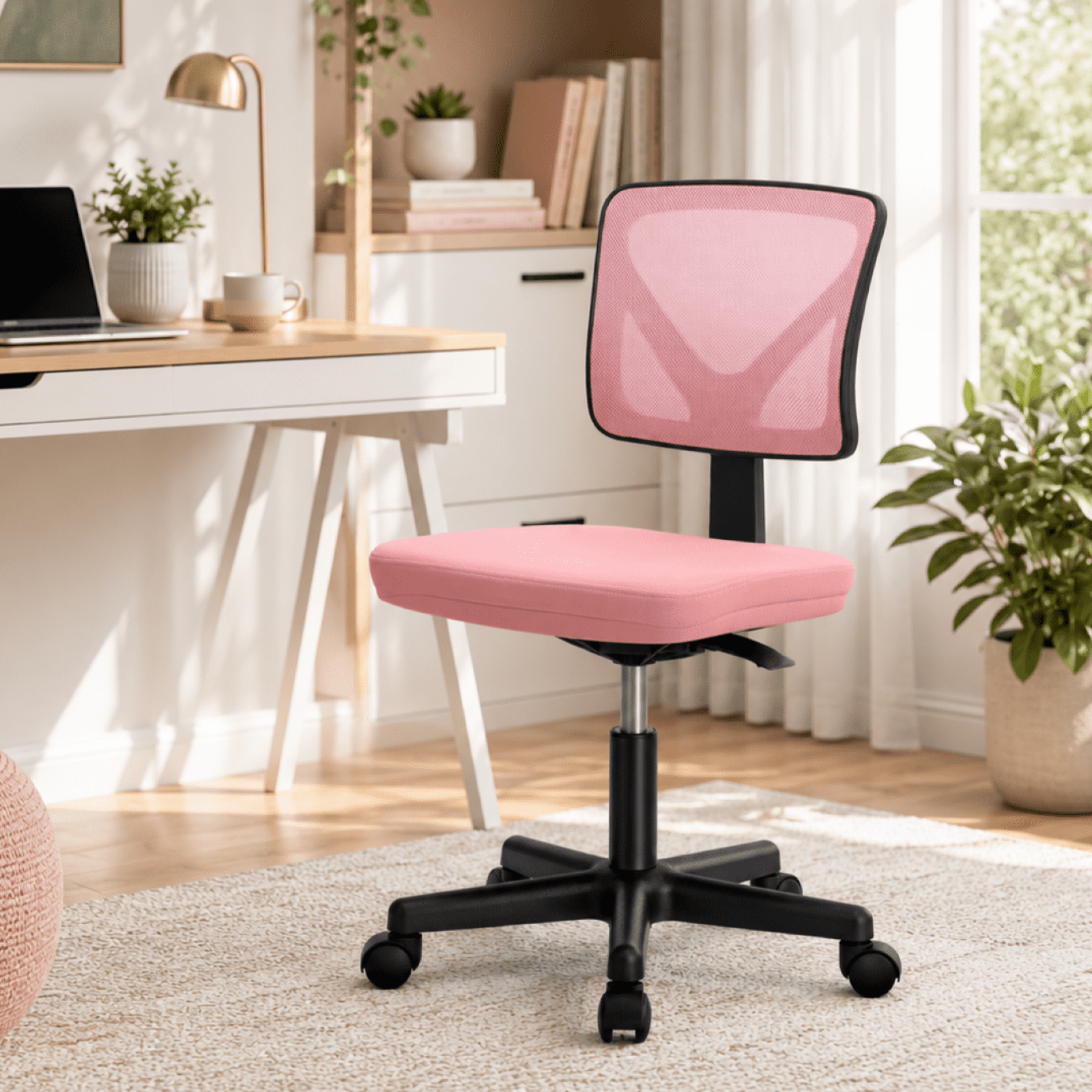 Kelno Small Desk Chair with Wheels Adjustable Computer Desk Chair with Lumbar Support Mesh Ergonomic Low-Back Office Chair, Pink