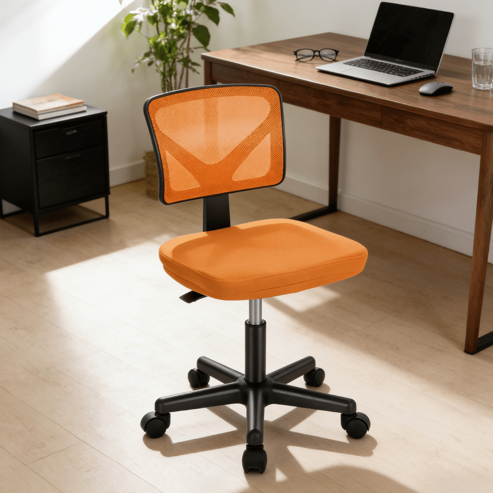 Kelno Small Desk Chair with Wheels Armless Low-Back Office Chair Ergonomic Adjustable Computer Desk Chair with Lumbar Support,Orange