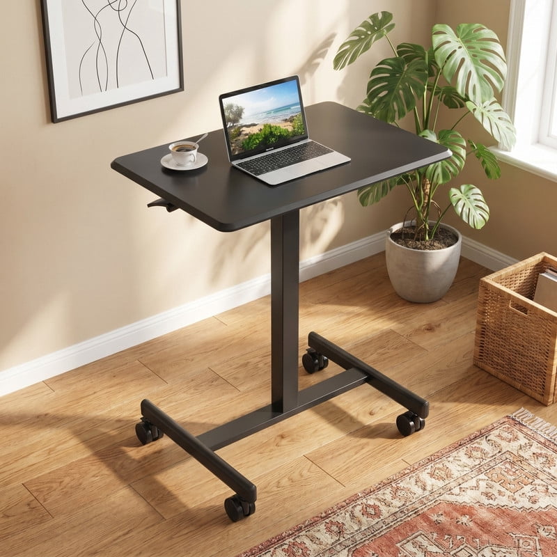 Kelno Small Mobile Desk Adjustable Height Laptop Desk with Lockable Wheels, Black