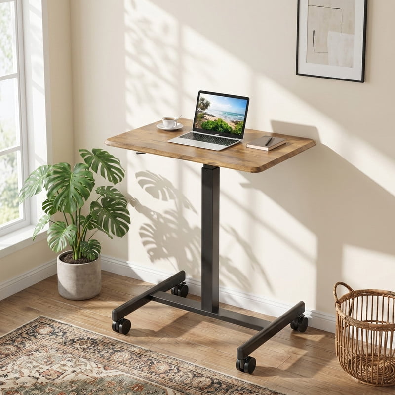Kelno Small Mobile Desk Adjustable Height Laptop Desk with Lockable Wheels, Rustic Brown