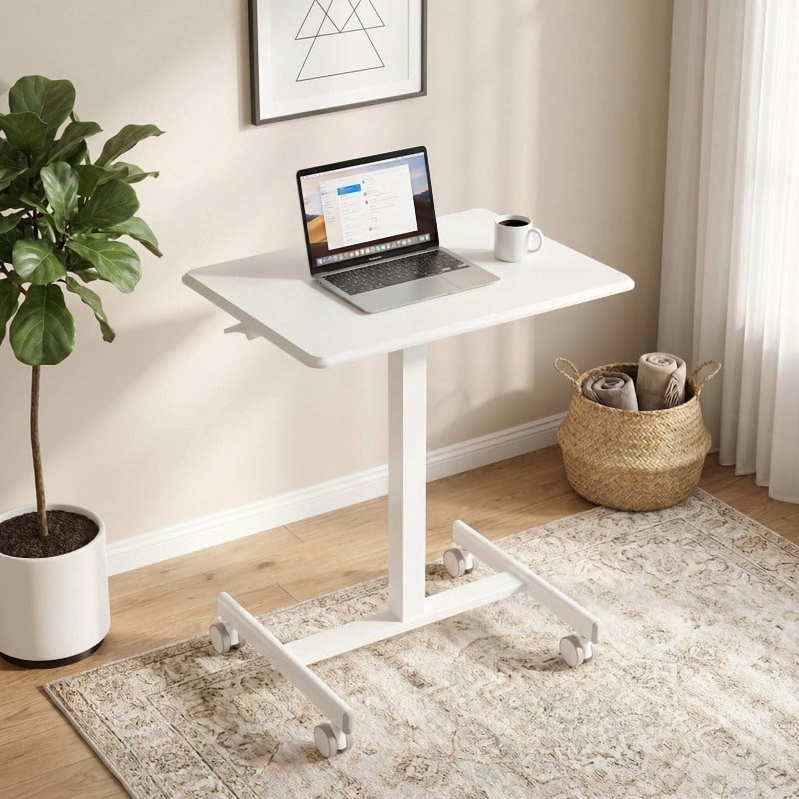 Kelno Small Mobile Desk Adjustable Height Laptop Desk with Lockable Wheels, White
