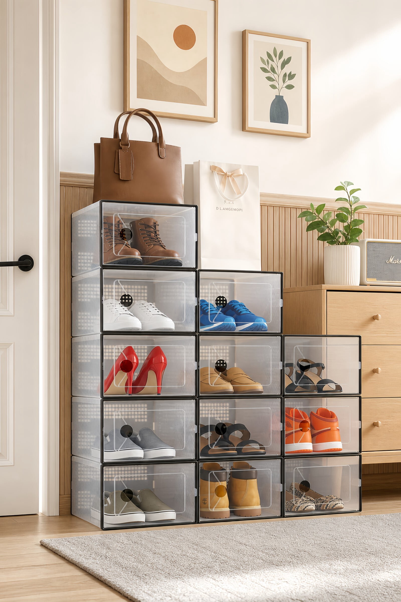 Kelno Stackable Shoe Box Organizer Ventilated Plastic Shoe Storage Bins up to US Size 11 for Closet Hallway Bedroom, Black