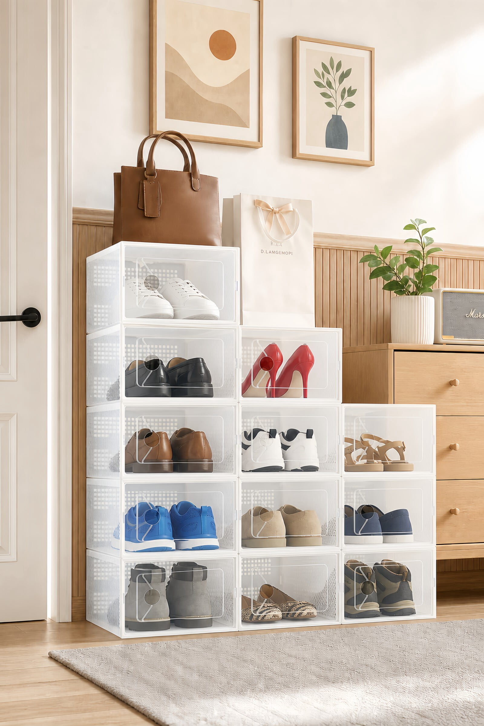 Kelno Stackable Shoe Box Organizer Ventilated Plastic Shoe Storage Bins up to US Size 11 for Closet Hallway Bedroom, White