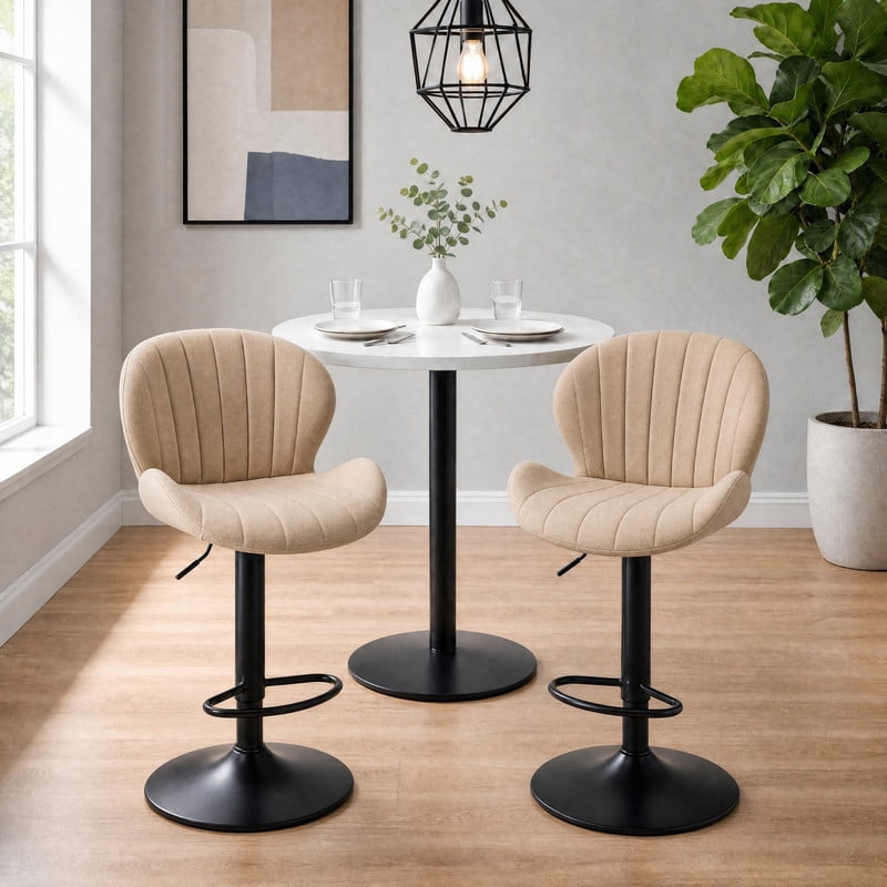 Kelno Swivel Bar Stools Set of 2 Adjustable Height Linen Seat with Backrest 360° Swivel for Kitchen Island, Beige
