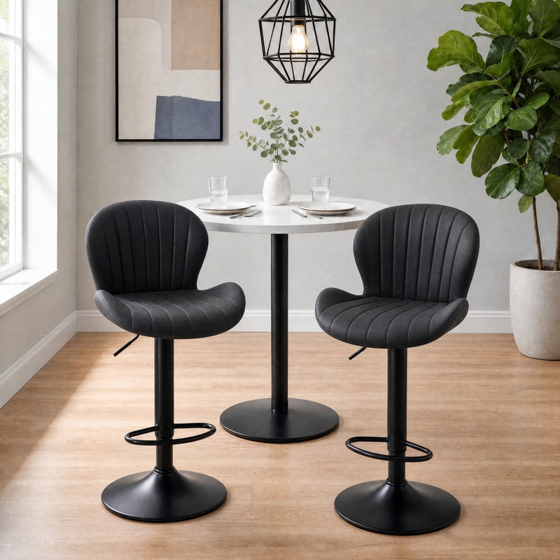 Kelno Swivel Bar Stools Set of 2 Adjustable Height Linen Seat with Backrest 360° Swivel for Kitchen Island, Black