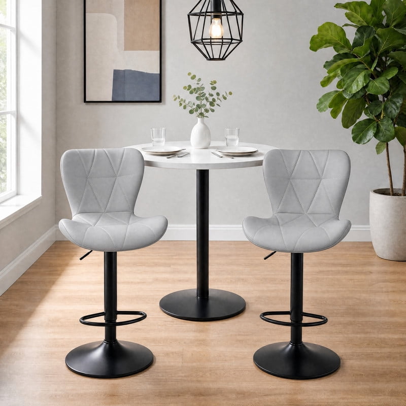 Kelno Swivel Bar Stools Set of 2 Adjustable Height PU Leather Seat with Backrest 360° Swivel for Kitchen Island, Gray