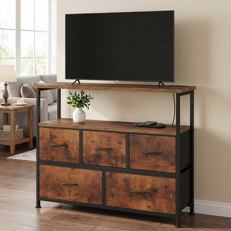 Kelno TV Stand Dresser 5 Fabric Drawers Storage Cabinet with Open Shelf Built in AC USB Type C Charging Station, Black