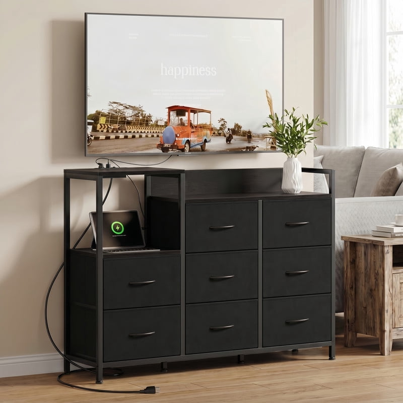 Kelno TV Stand Dresser 8 Fabric Drawers Storage Cabinet with Open Shelf Built in AC USB Type C Charging Station, Black