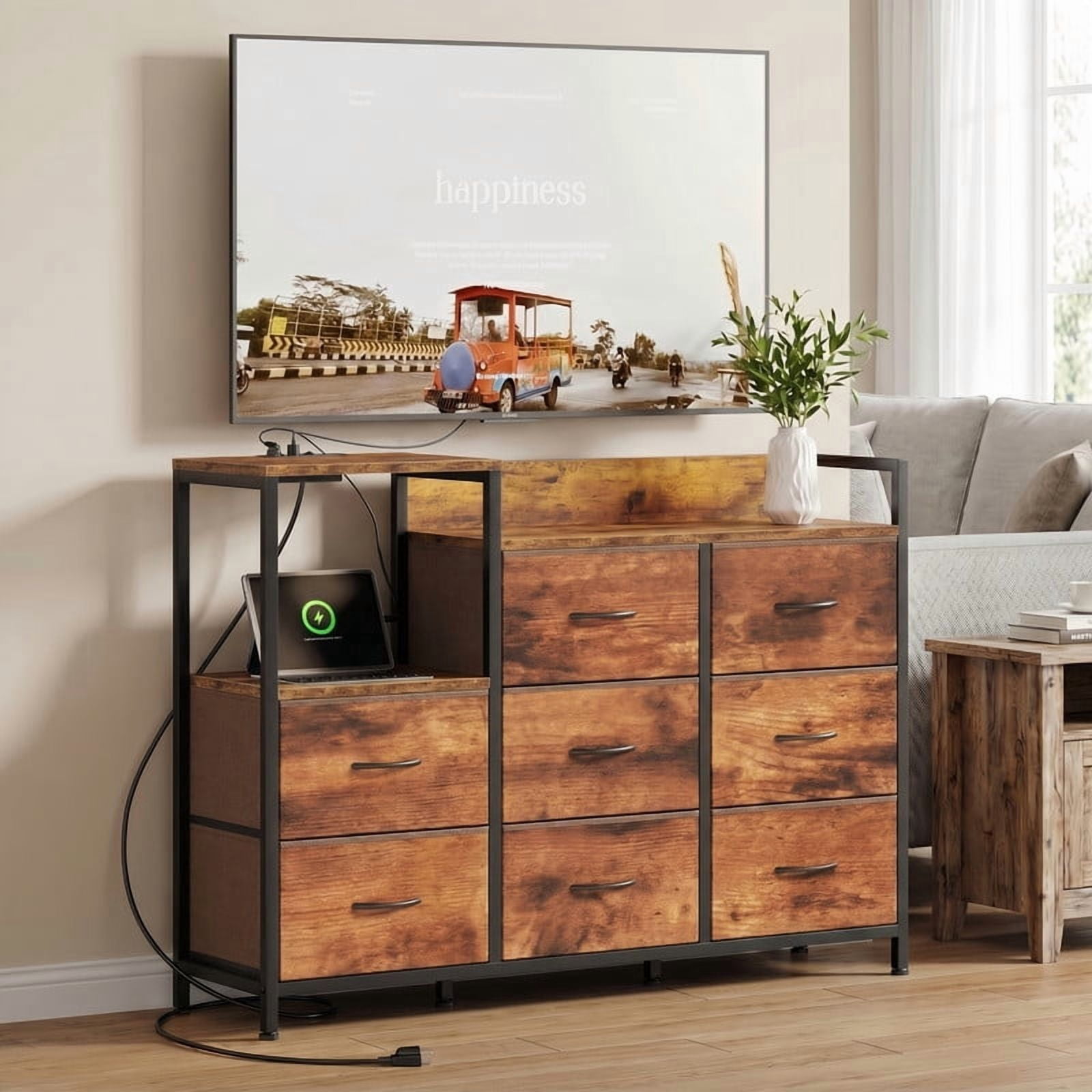 Kelno TV Stand Dresser 8 Fabric Drawers Storage Cabinet with Open Shelf Built in AC USB Type C Charging Station, Rustic Brown