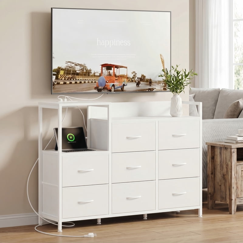 Kelno TV Stand Dresser 8 Fabric Drawers Storage Cabinet with Open Shelf Built in AC USB Type C Charging Station, White