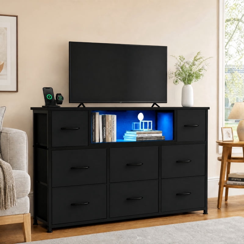 Kelno TV Stand Dresser with 8 Fabric Drawers Open Shelf LED Lights AC USB Charging Station, Black