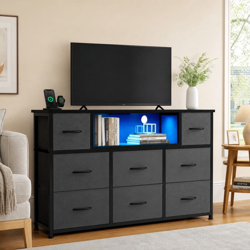 Kelno TV Stand Dresser with 8 Fabric Drawers Open Shelf LED Lights AC USB Charging Station, Gray