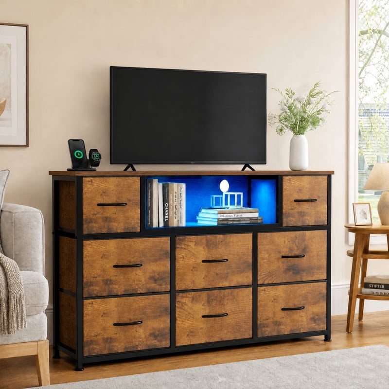 Kelno TV Stand Dresser with 8 Fabric Drawers Open Shelf LED Lights AC USB Charging Station, Rustic Brown