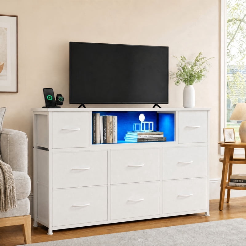 Kelno TV Stand Dresser with 8 Fabric Drawers Open Shelf LED Lights AC USB Charging Station, White