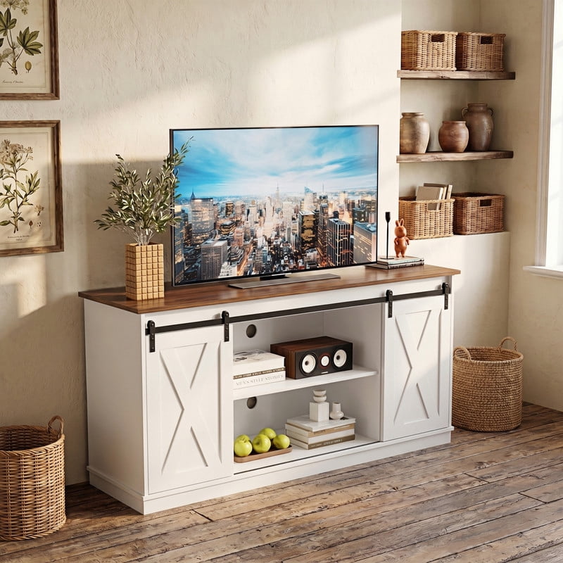 Kelno TV Stand for 65 Inch TV with Sliding Barn Doors Storage Shelves Farmhouse Entertainment Center Media Console Cabinet, White