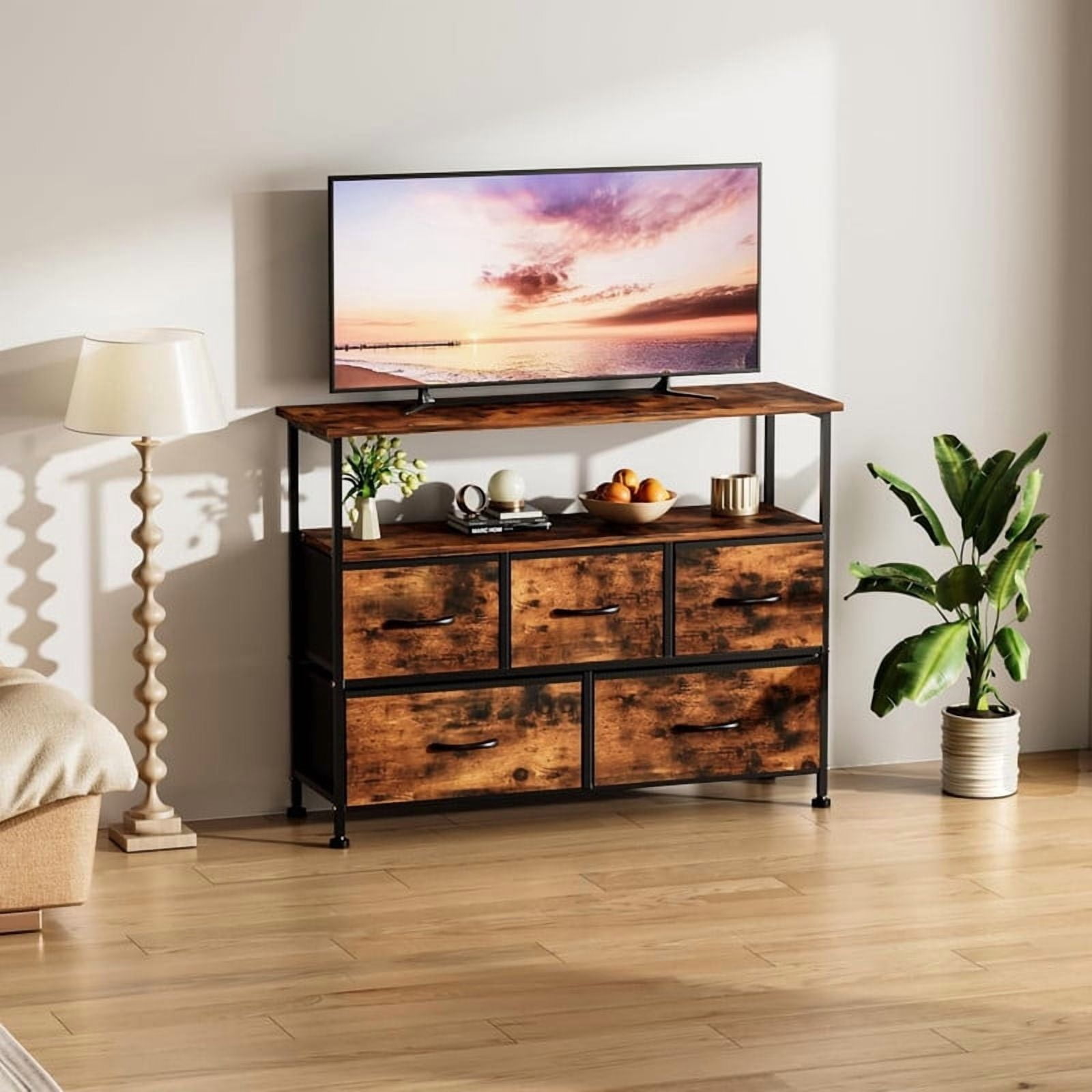 Kelno TV Stand with 5 Fabric Drawer Dresser Chest Storage Organizer, Rustic Brown