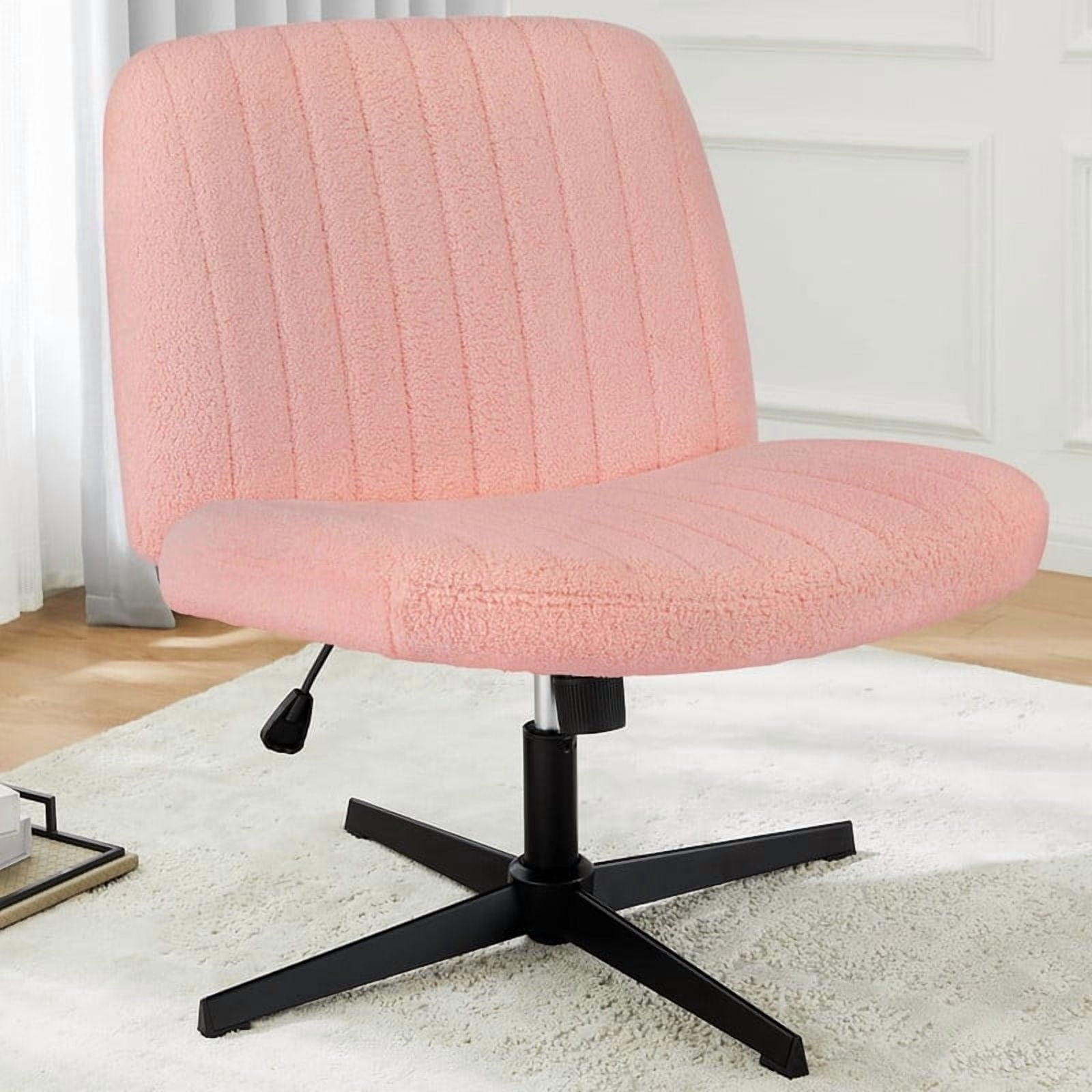 Kelno Teddy Cross Legged Desk Chair Wide Seat Chair Ergonomic Height Adjustable Swivel Office Vanity Chair, Pink
