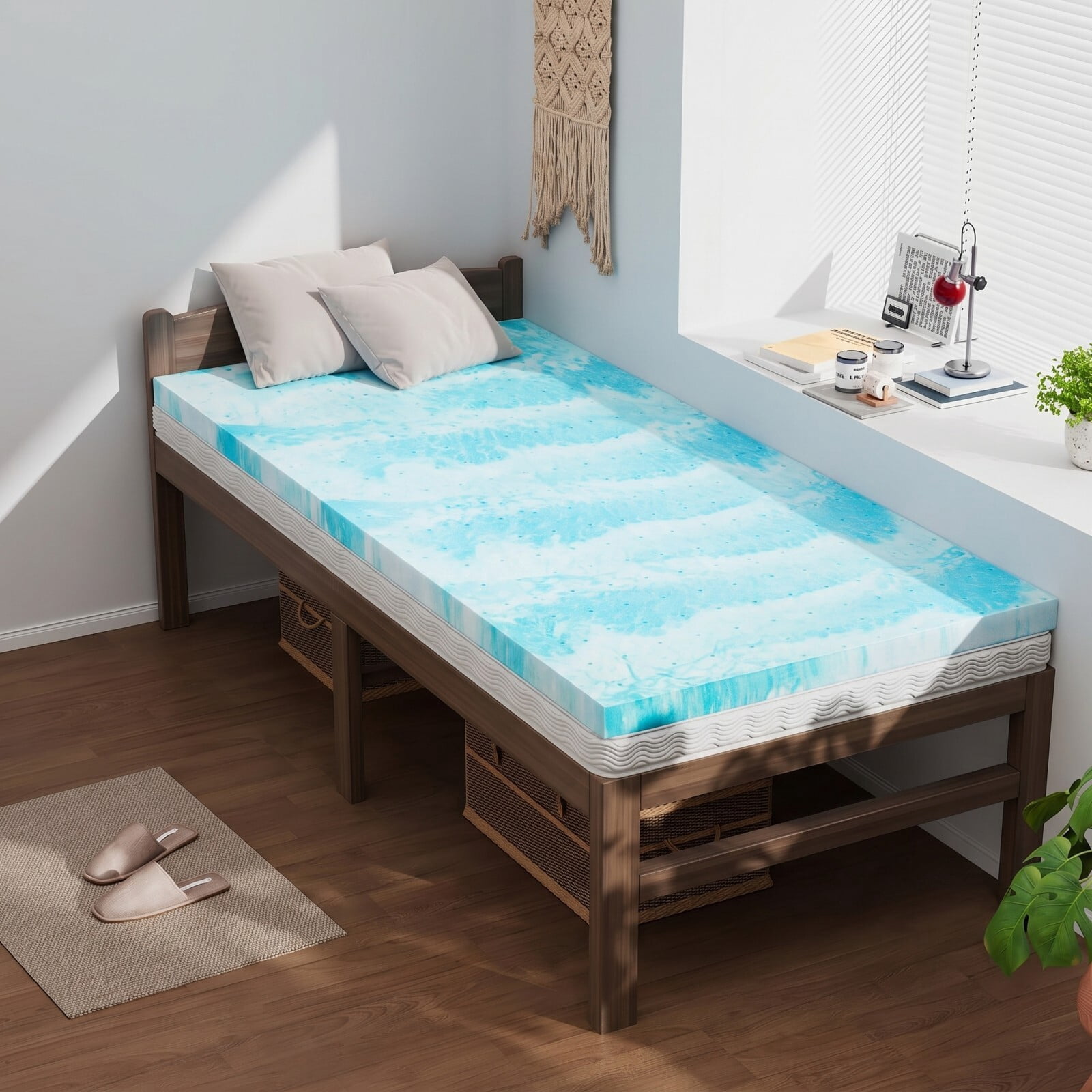 Kelno Twin Size Mattress Topper 4IN Cooling Gel Memory Foam Ventilated Breathable Bed Topper for Pressure Relief, Swirl Blue