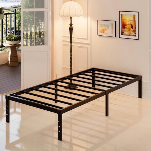 Kelno Twin Size Metal Bed Frame No Box Spring Needed with Storage Space Under Base, Black