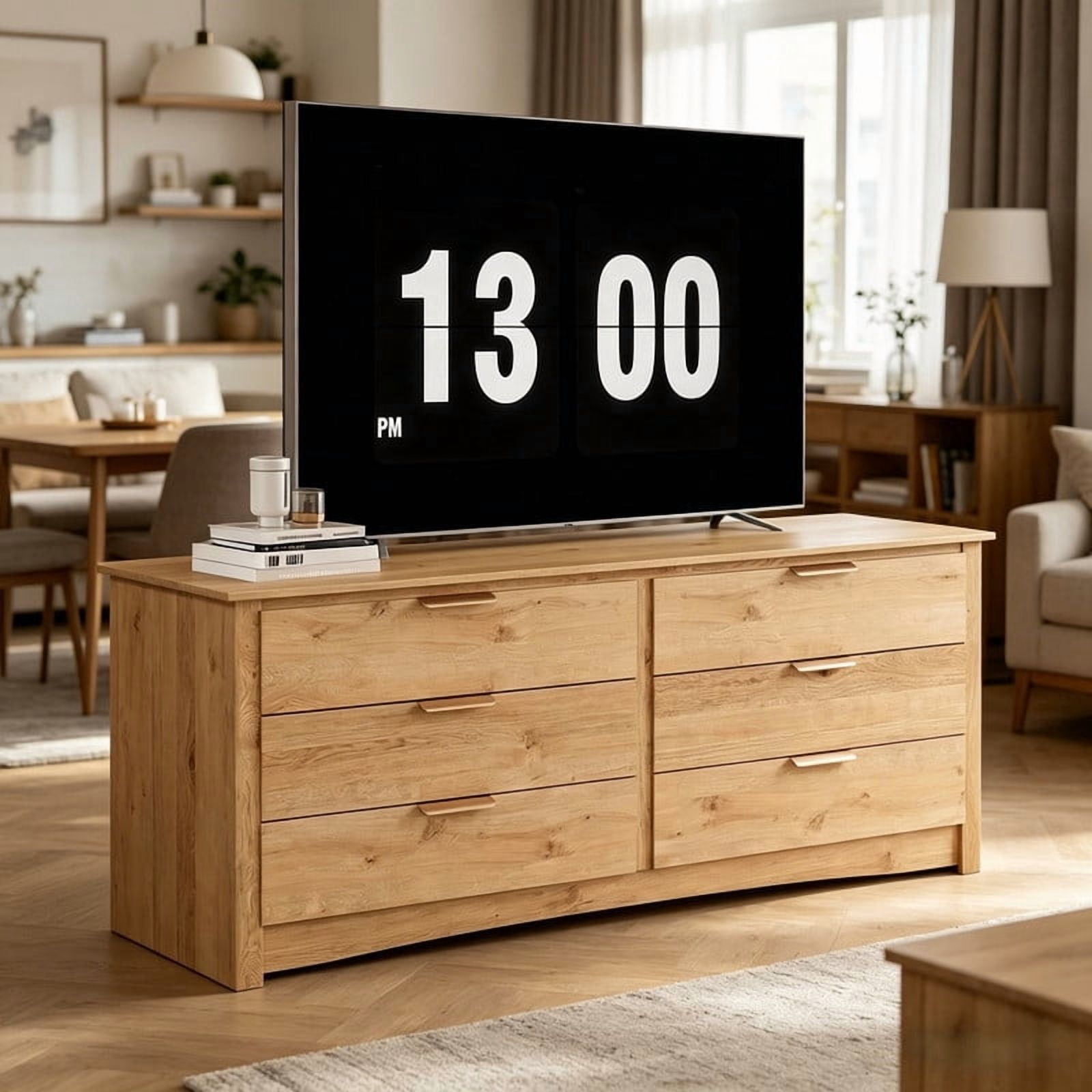 Kelno Wood 6 Drawer Dresser Chest of Drawers TV Stand with Organizer Cabinet, Oak