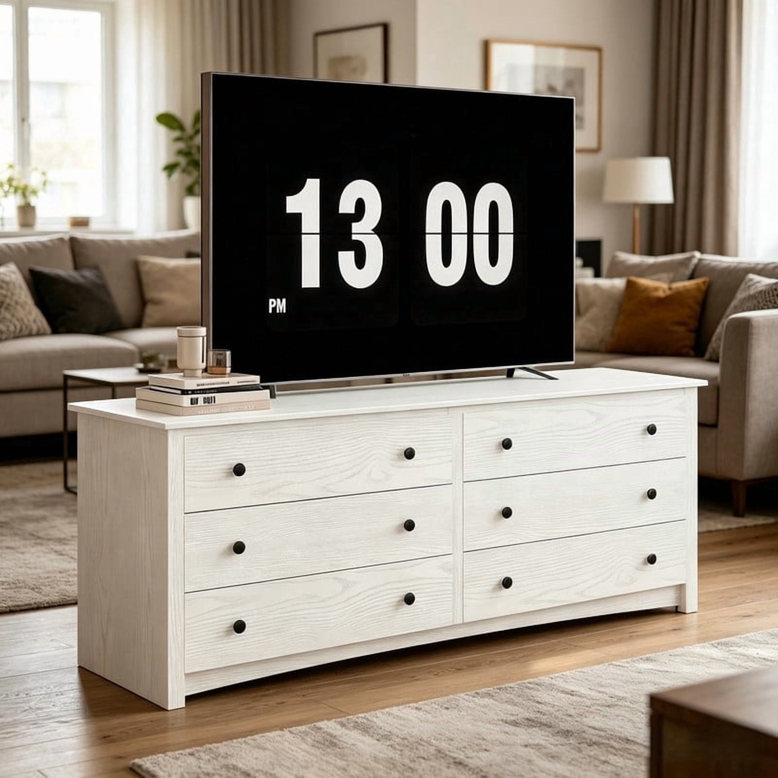 Kelno Wood 6 Drawer Dresser Chest of Drawers TV Stand with Organizer Cabinet, White
