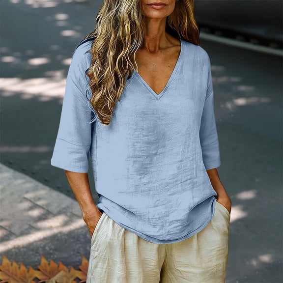 Womens Clothes Tops Kelon 2026 Summer Linen Tops for Women Plus Size Gauze Cotton Blouses, 3/4 Sleeve V Neck Loose Tunic Dressy Casual Beach Vacation Shirts