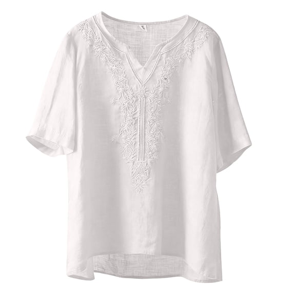 Clothes Womens Kelon Blouses for Women Short Sleeve Shirts V Neck Linen Cotton Business Causal Dressy Work Top Summer Spring Clothes, 2XL